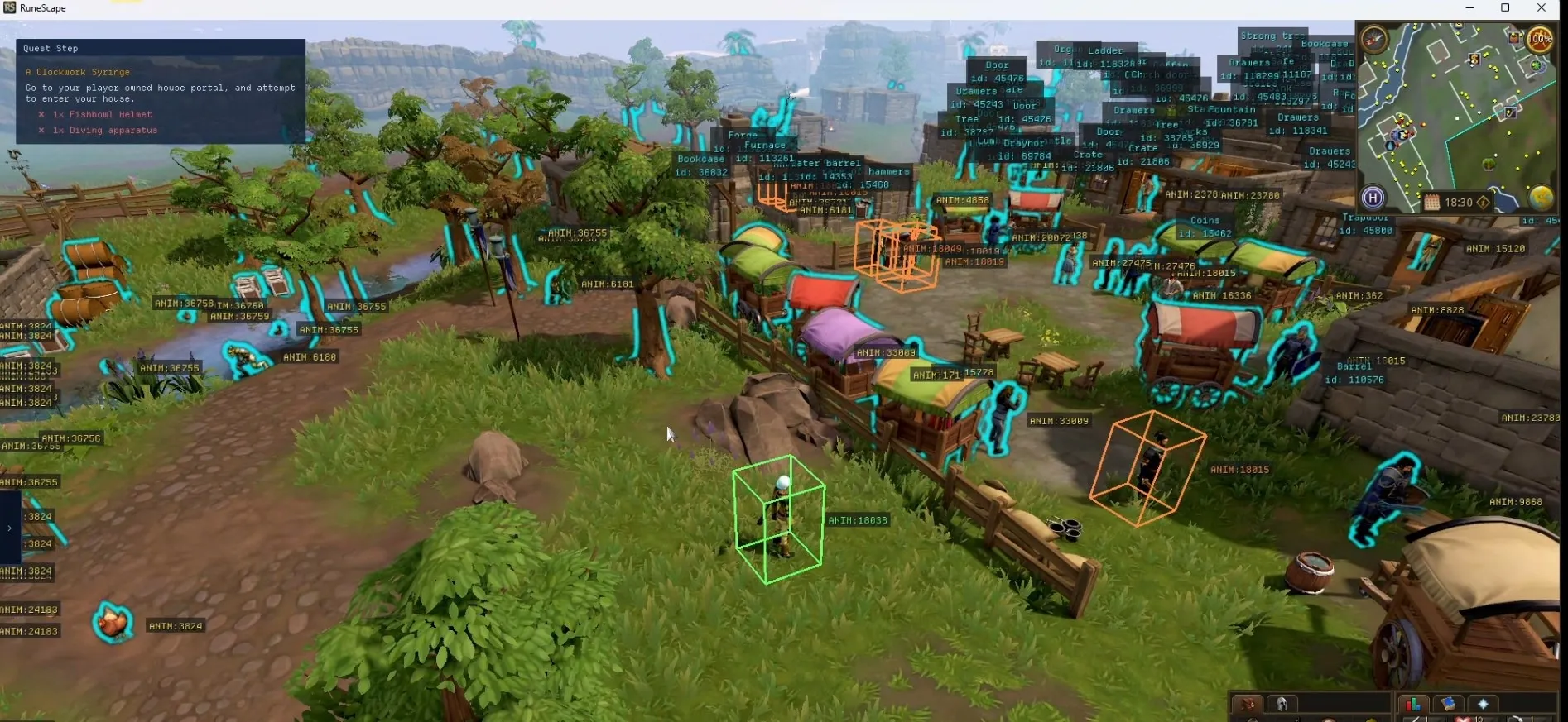 Harbor's Quest Helper step card and in-world highlights inside RuneScape 3