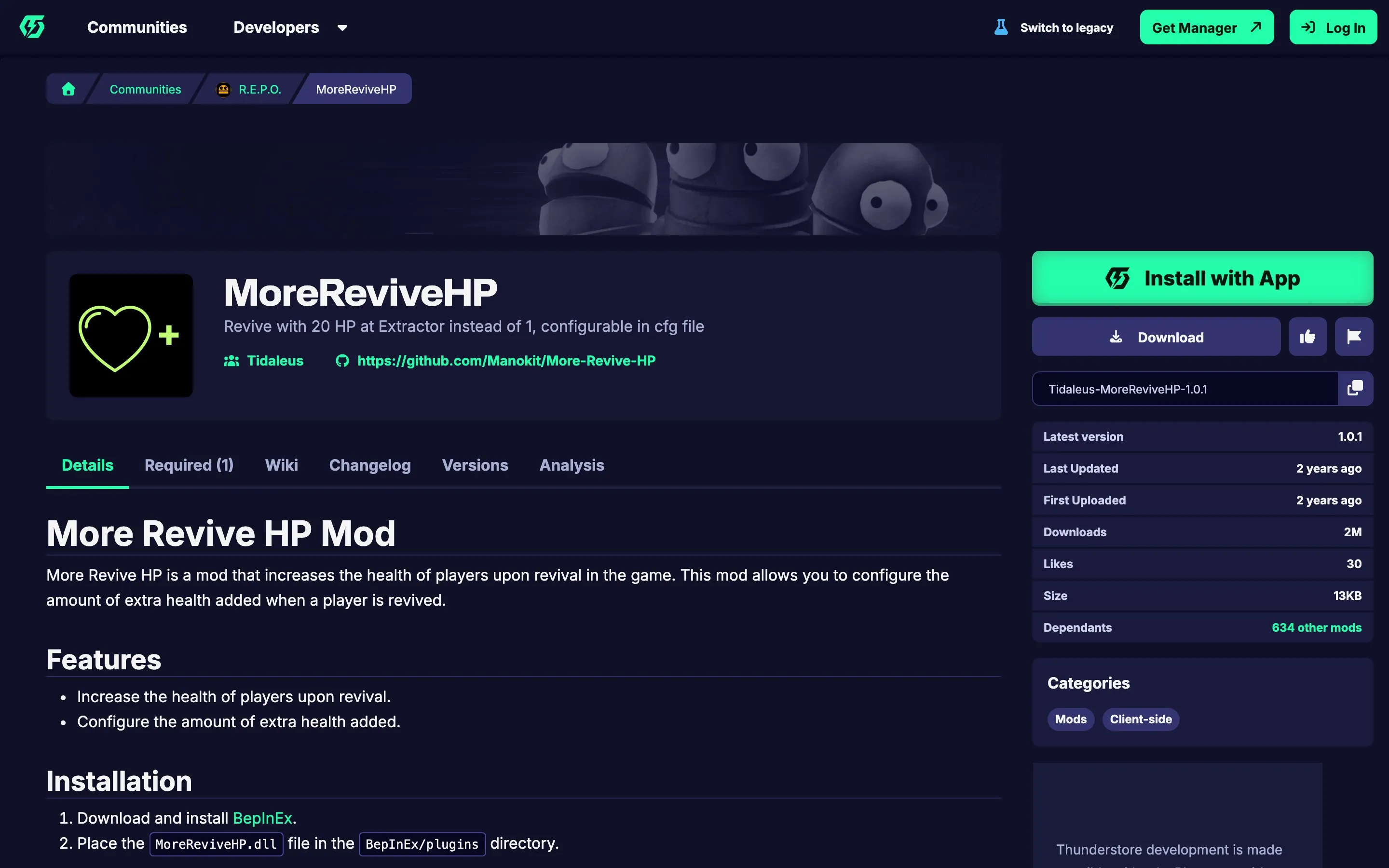 The More Revive HP mod page on Thunderstore